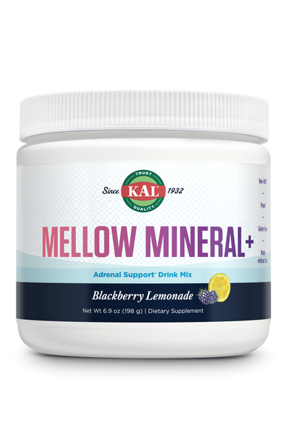 A white container of Kal Vitamins Mellow Mineral+ in Blackberry Lemonade flavor features colorful text and images of blackberries and lemon, promoting relaxation and adrenal health with magnesium.