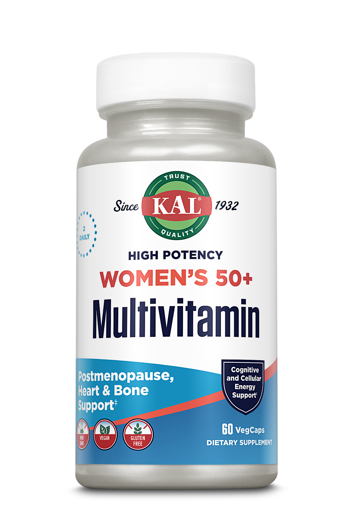 Kal Vitamins Women's 50+ Multivitamin is a high potency, vegan, dairy- and gluten-free supplement with 60 vegetarian capsules that supports heart and bone health—perfect for postmenopausal women.