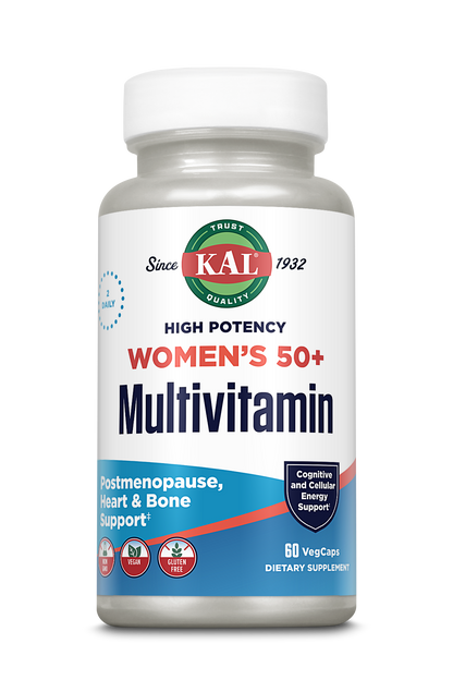 Kal Vitamins Women's 50+ Multivitamin is a high potency, vegan, dairy- and gluten-free supplement with 60 vegetarian capsules that supports heart and bone health—perfect for postmenopausal women.