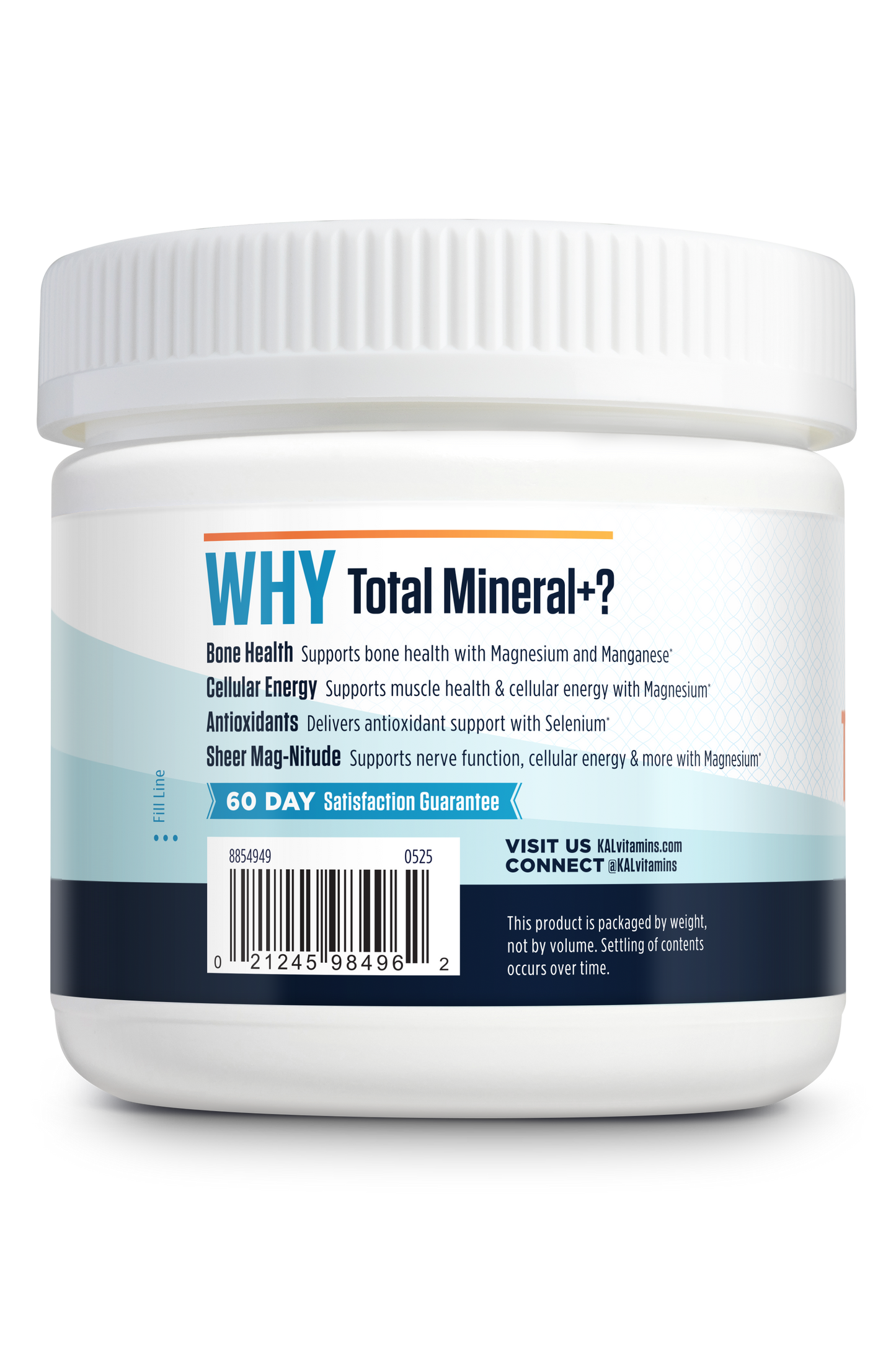 A white plastic jar labeled Kal Vitamins Total Mineral+ Powder highlights bone health, cellular energy, antioxidants, and magnesium support. The blue and white label features a barcode and website details.