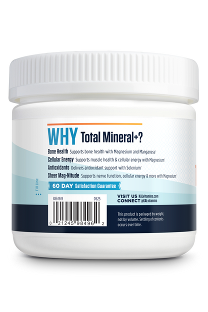 A white plastic jar labeled Kal Vitamins Total Mineral+ Powder highlights bone health, cellular energy, antioxidants, and magnesium support. The blue and white label features a barcode and website details.