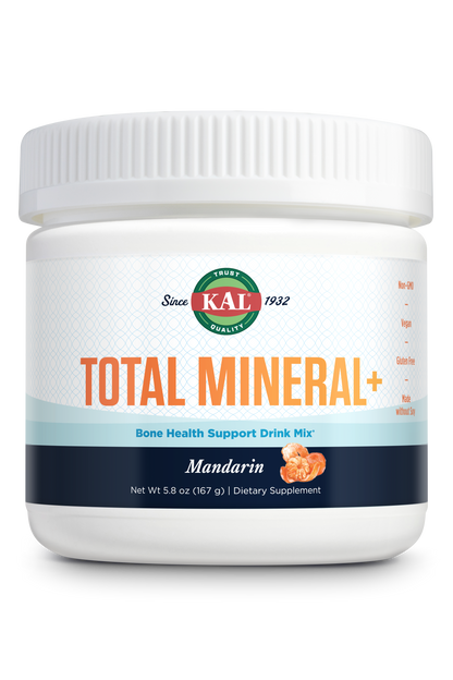 A white container of Kal Vitamins Total Mineral+ Powder in mandarin flavor, with orange text and mandarin images. This gluten-free, non-GMO supplement is rich in magnesium to help support optimal bone health.