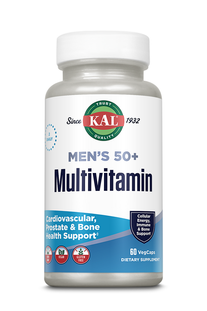 KAL Vitamins Men’s 50+ Multivitamin, 60 VegCaps, vegan and gluten-free, supports cardiovascular health, prostate health, bone strength, and cellular energy for men aged 50 and above.