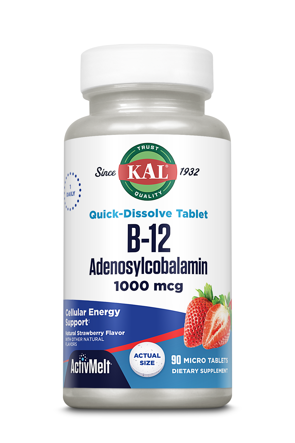 A bottle of B-12 Adenosylcobalamin ActivMelt® by kalvitamins, 1000 mcg quick-dissolve strawberry-flavored micro tablets (90 count), labeled for cellular energy support and as a Vitamin B-12 dietary supplement.
