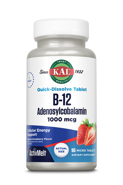 A bottle of B-12 Adenosylcobalamin ActivMelt® by kalvitamins, 1000 mcg quick-dissolve strawberry-flavored micro tablets (90 count), labeled for cellular energy support and as a Vitamin B-12 dietary supplement.