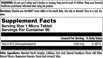 Supplement facts label for kalvitamins B-12 Adenosylcobalamin ActivMelt®. Serving size: 1 micro tablet. Each serving contains 1000 mcg Vitamin B-12 (as Adenosylcobalamin) (41,667% DV). 90 servings per container. Includes warning and directions.