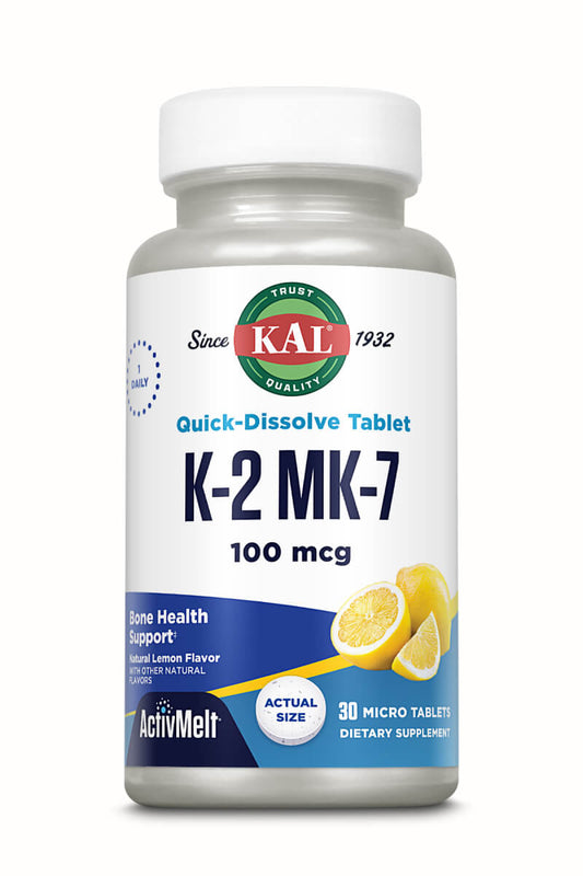 A white bottle of Kal Vitamins K-2 M-7 ActivMelt®, 100 mcg, featuring lemon illustrations on the label. Contains 30 micro tablets to support bone health.