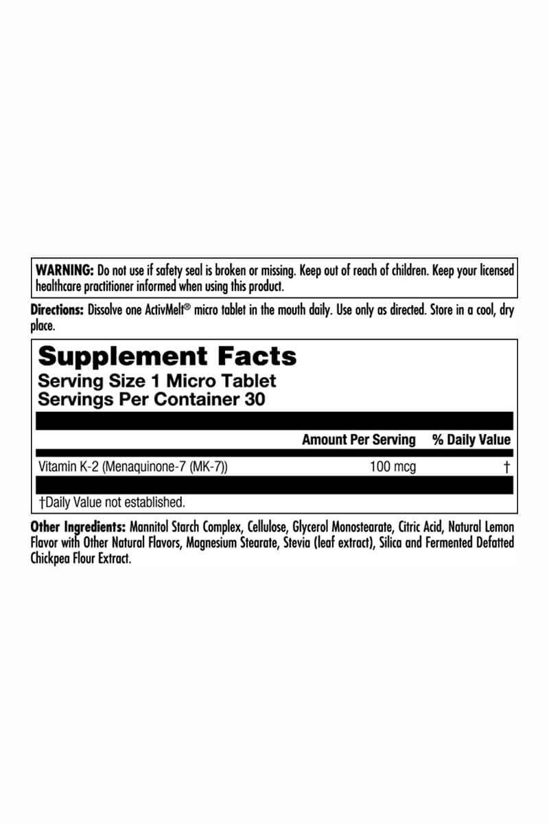 K-2 M-7 ActivMelt® by Kal Vitamins: Supplement Facts label shows 1 micro tablet serving, 30 servings per container, ingredient list, bone health support info, a warning to keep out of reach of children, and storage instructions.