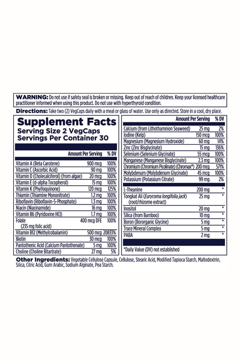 The Kal Vitamins Men’s 18+ Multivitamin supplement facts label lists essential vitamins, minerals, botanical extracts, ingredient sources, amounts per serving, daily values, plus notes and warnings for men’s wellness.