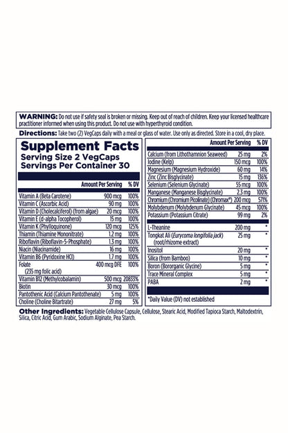 The Kal Vitamins Men’s 18+ Multivitamin supplement facts label lists essential vitamins, minerals, botanical extracts, ingredient sources, amounts per serving, daily values, plus notes and warnings for men’s wellness.
