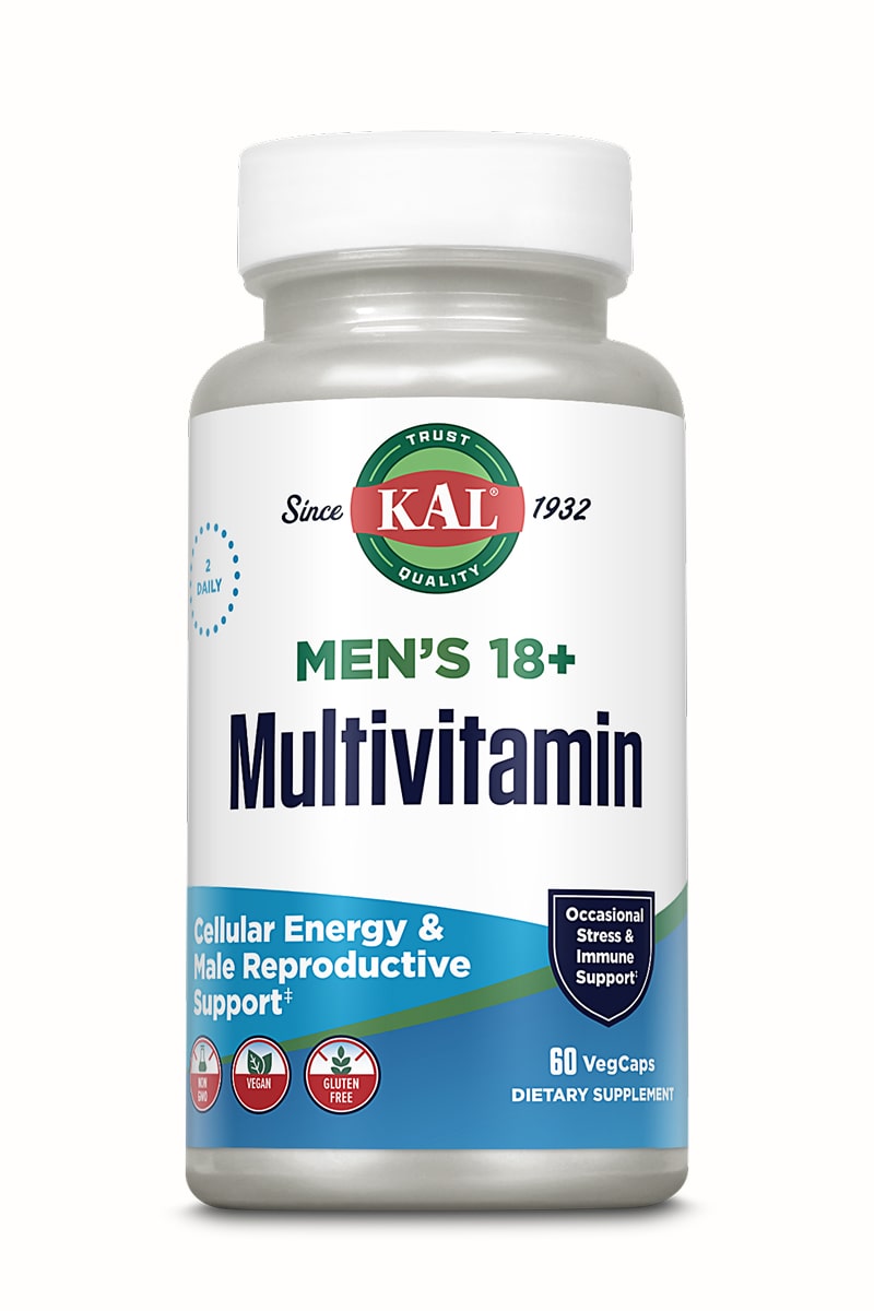 A white bottle of Kal Vitamins Men’s 18+ Multi-Vitamin® with a gray cap offers cellular energy, reproductive support, and essential nutrients for men’s wellness. It’s vegan, gluten-free, and contains 60 capsules.