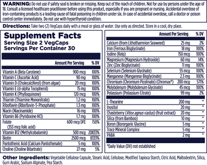 Supplement facts label for Kal Vitamins Women’s 18+ Multivitamin, listing vitamins, minerals, mood and immune support ingredients; serving size 2 VegCaps (30 servings per container); daily values, warnings, and storage info in blue/white format.
