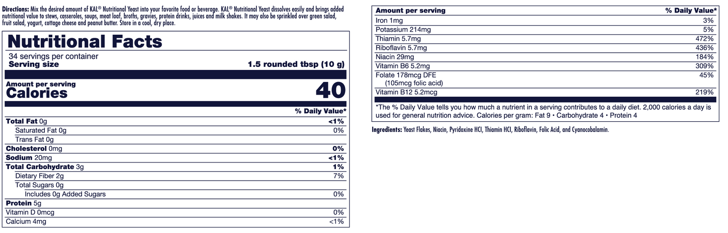 The kalvitamins Nutritional Yeast Flakes nutrition label lists 40 calories per 1.5 rounded tbsp (10g), with fat, cholesterol, sodium, carbs, protein, vitamins, minerals included plus a full ingredient list.