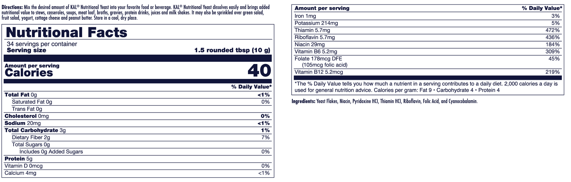 The kalvitamins Nutritional Yeast Flakes nutrition label lists 40 calories per 1.5 rounded tbsp (10g), with fat, cholesterol, sodium, carbs, protein, vitamins, minerals included plus a full ingredient list.