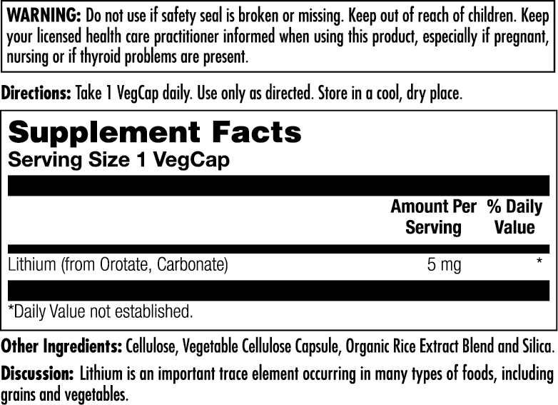 The Kalvitamins Lithium Orotate 5mg supplement label displays warnings, directions, supplement facts (5 mg per VegCap), other ingredients, and states lithium is an important trace element in foods often used for mood support.
