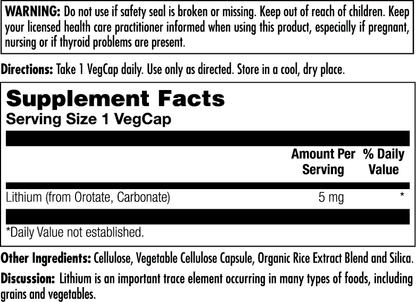 The Kalvitamins Lithium Orotate 5mg supplement label displays warnings, directions, supplement facts (5 mg per VegCap), other ingredients, and states lithium is an important trace element in foods often used for mood support.