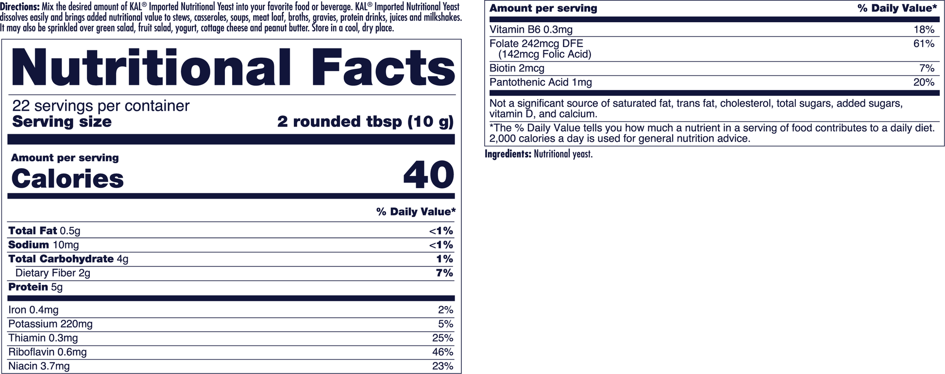 The kalvitamins Nutritional Yeast Fine Flakes nutrition label shows 22 servings per container, serving size 2 rounded tbsp (10g). Each serving has 40 calories, 0.5g fat, 4g carbs, 5g plant-based protein, plus vitamin info on the right.