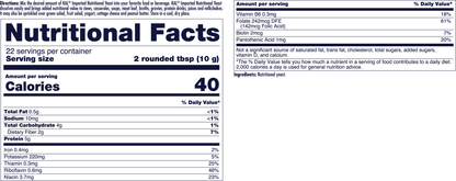 The kalvitamins Nutritional Yeast Fine Flakes nutrition label shows 22 servings per container, serving size 2 rounded tbsp (10g). Each serving has 40 calories, 0.5g fat, 4g carbs, 5g plant-based protein, plus vitamin info on the right.