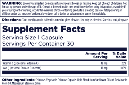 The kalvitamins Liposomal Iron + C supplement label lists warnings, directions to take one capsule daily, and supplement facts: each capsule provides 18mg liposomal vitamin C (20% DV) and 18mg liposomal iron (100% DV) for red blood cell support.