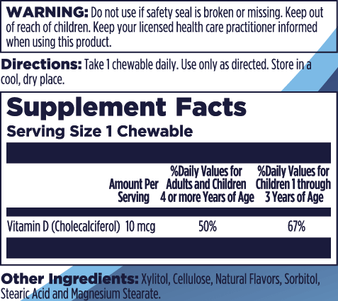 Kal Vitamins Vitamin D-Rex™ Kids Chewable label with warnings, directions, and supplement facts: 1 chewable provides 10 mcg vitamin D (50% adult, 67% ages 3+). Ingredients listed at bottom.