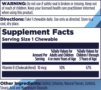 Kal Vitamins Vitamin D-Rex™ Kids Chewable label with warnings, directions, and supplement facts: 1 chewable provides 10 mcg vitamin D (50% adult, 67% ages 3+). Ingredients listed at bottom.