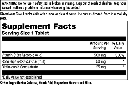 The Supplement Facts label for kalvitamins C 500 + Rose Hips & Bioflavonoids Sustained Release Tablets lists a serving size of 1 tablet with Vitamin C (500 mg), rose hips (50 mg), and bioflavonoids (25 mg). Warnings and ingredients are shown above and below.