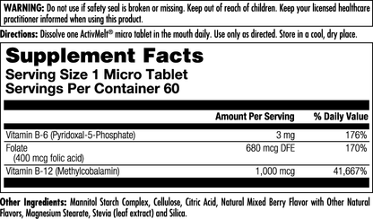 Supplement facts label for kalvitamins B-6 B-12 Folic Acid ActivMelt. Serving size: 1 micro tablet; 60 tablets per container. Vitamin B complex supports energy and nerve function. Includes daily values, ingredients, warnings, and directions.