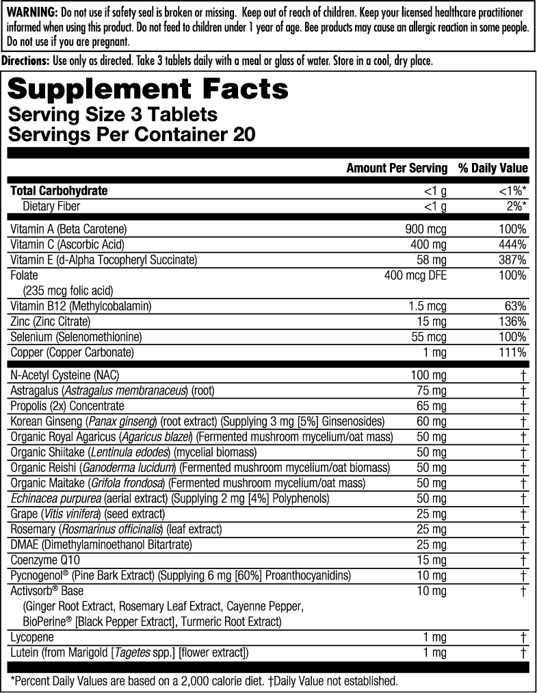 The Supplement Facts label for kalvitamins Cell Defense™ Clinical Lifestyles™ Tablets lists nutrients, amounts, % daily values for immune and antioxidant support, plus directions, warnings, and ingredients in a black and white table format.