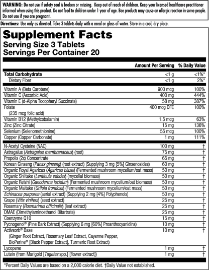 The Supplement Facts label for kalvitamins Cell Defense™ Clinical Lifestyles™ Tablets lists nutrients, amounts, % daily values for immune and antioxidant support, plus directions, warnings, and ingredients in a black and white table format.