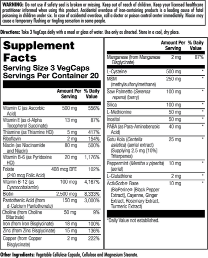 The Hair Force™ Clinical Lifestyles™ VegCaps by kalvitamins features a supplement facts label listing vitamins, minerals, and nutrients like biotin for healthy hair, skin, and nails per 3-capsule serving. Includes directions, warnings, and ingredients in black text on white.