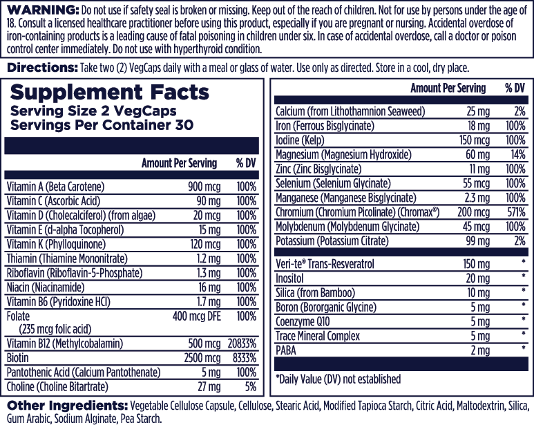 Supplement facts label for Kal Vitamins Women's 50+ Multivitamin lists ingredients, serving size (2 VegCaps), key nutrients like vitamins A, C, D3, K2 for bone health, minerals, herbs, and other ingredients. Warning and usage directions are at the top.