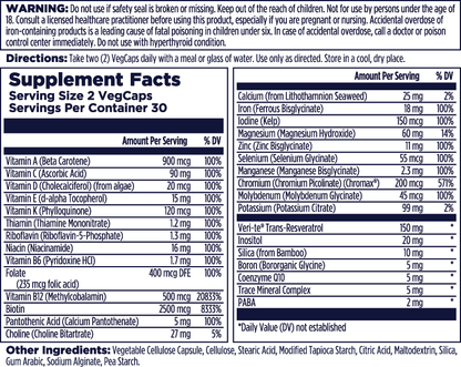 Supplement facts label for Kal Vitamins Women's 50+ Multivitamin lists ingredients, serving size (2 VegCaps), key nutrients like vitamins A, C, D3, K2 for bone health, minerals, herbs, and other ingredients. Warning and usage directions are at the top.