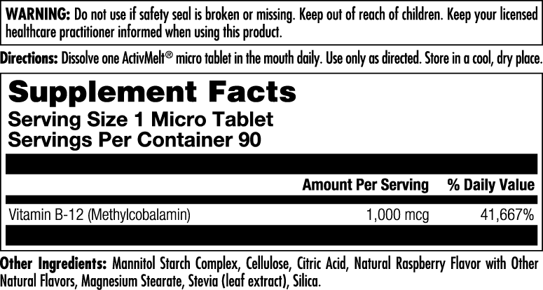 B-12 Methylcobalamin 1000 mcg ActivMelt® Instant Dissolve Tablets Raspberry