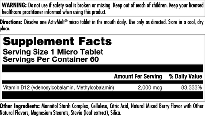 B-12 Methylcobalamin & Adenosylcobalamin 2000 mcg ActivMelt® Instant Dissolve Tablets