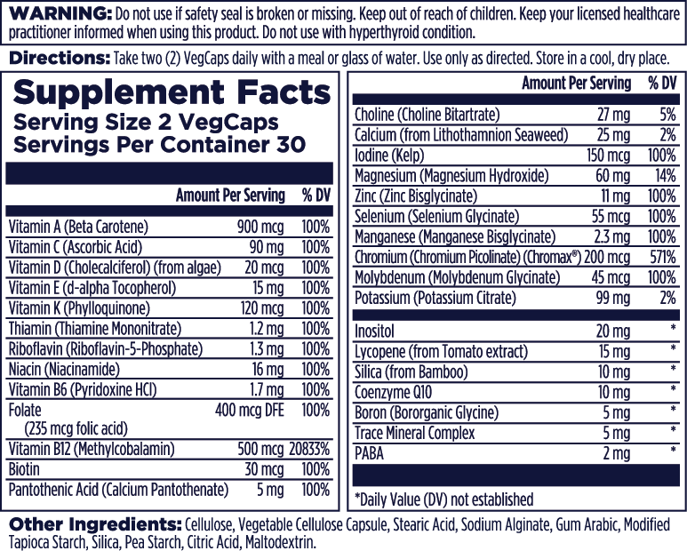 Kal Vitamins Men’s 50+ Multivitamin supplement facts label shows serving size, ingredients list, daily values for vitamins and minerals, directions, warnings, and other ingredients. Blue and white text. Supports prostate and cardiovascular health.