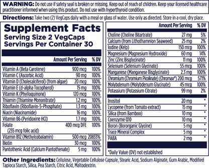Kal Vitamins Men’s 50+ Multivitamin supplement facts label shows serving size, ingredients list, daily values for vitamins and minerals, directions, warnings, and other ingredients. Blue and white text. Supports prostate and cardiovascular health.