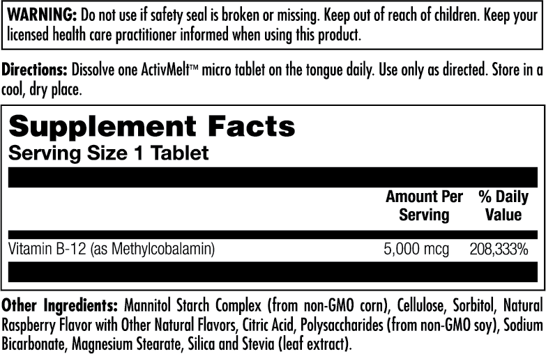 B-12 Methylcobalamin 5000 mcg ActivMelt® Instant Dissolve Tablets Raspberry