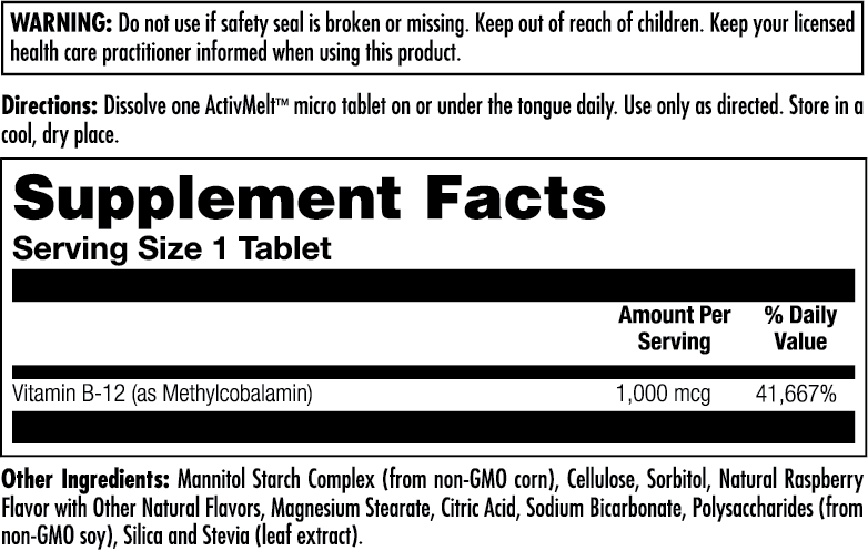 B-12 Methylcobalamin 1000 mcg ActivMelt® Instant Dissolve Tablets Raspberry