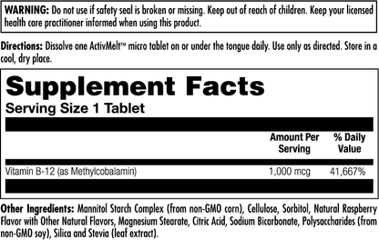 B-12 Methylcobalamin 1000 mcg ActivMelt® Instant Dissolve Tablets Raspberry