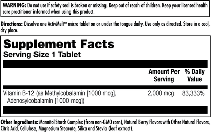 B-12 Methylcobalamin & Adenosylcobalamin 2000 mcg ActivMelt® Instant Dissolve Tablets