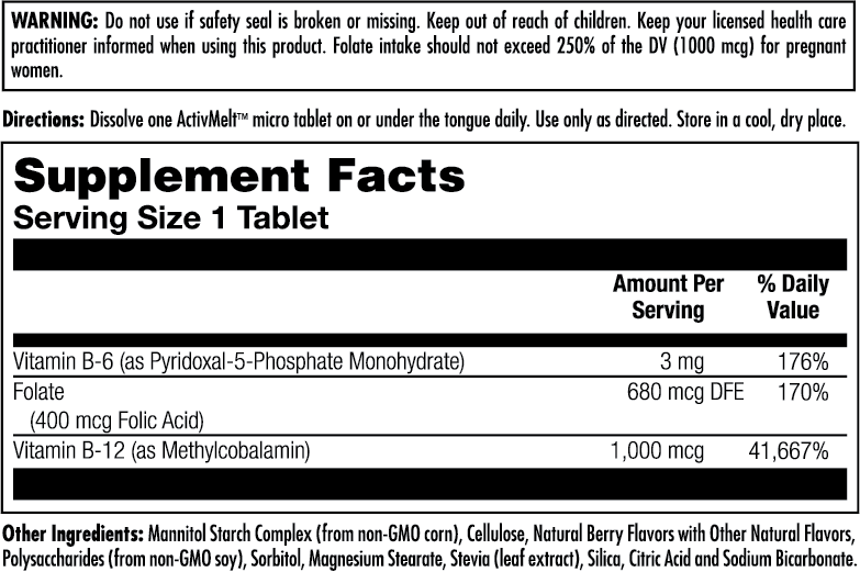 B-6 B-12 Folic Acid ActivMelt® Instant Dissolve Tablets