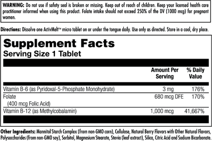 B-6 B-12 Folic Acid ActivMelt® Instant Dissolve Tablets