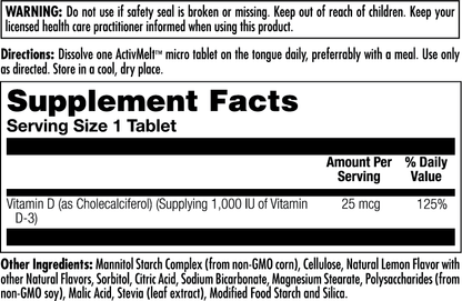 D-3 25 mcg (1000 IU) ActivMelt® Instant Dissolve Tablets